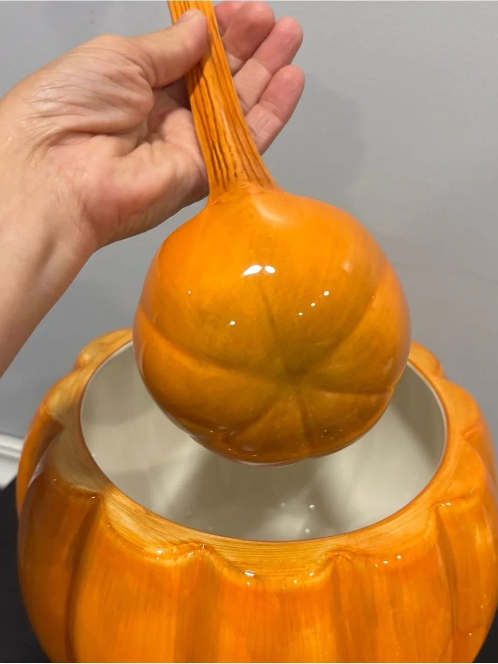Pumpkin Ceramic Canister Leaf Lid soup turine ladel brand new Halloween holiday